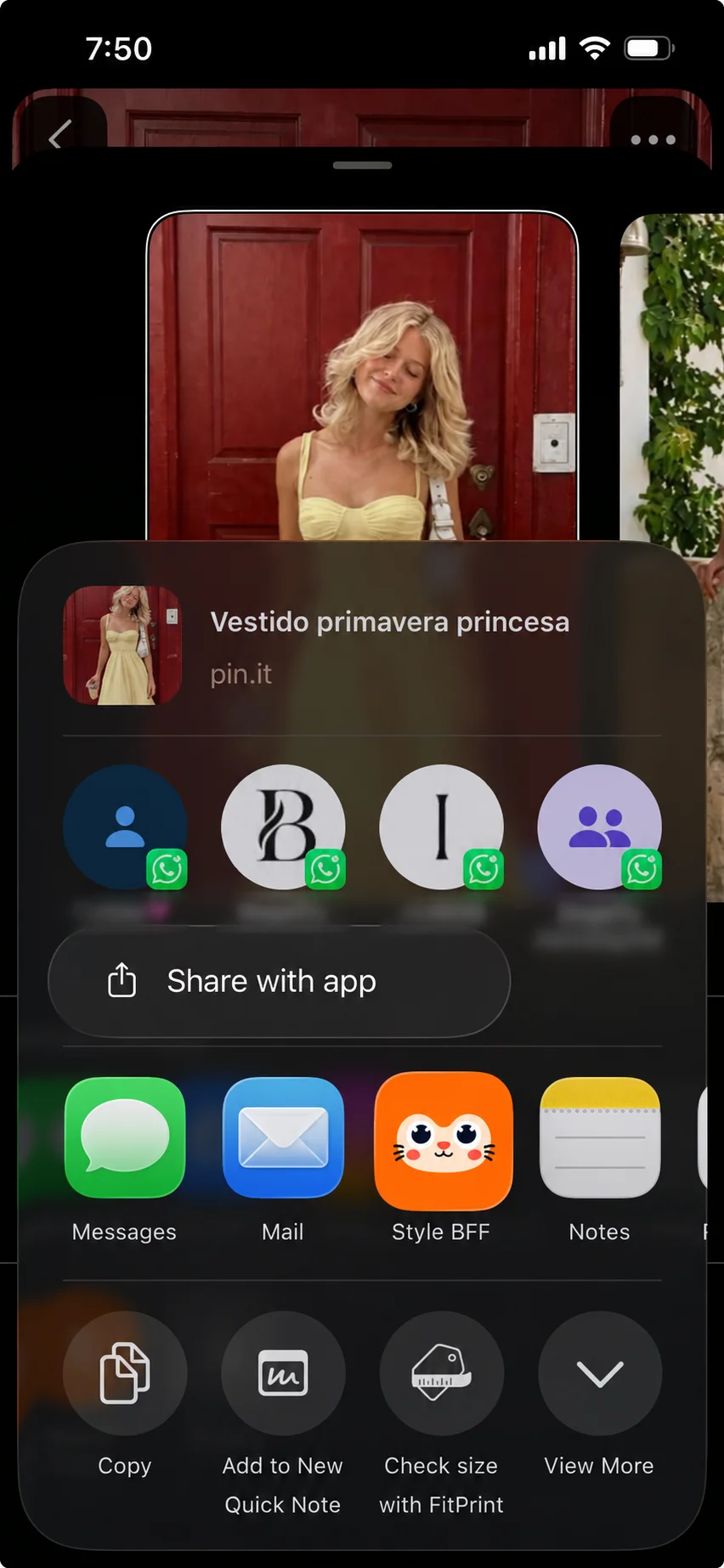 Privacy-safe share sheet with recipient names blurred and Style BFF visible
